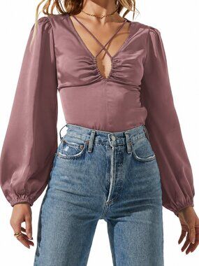 ASTR Keyhole Cutout Satin Blouse